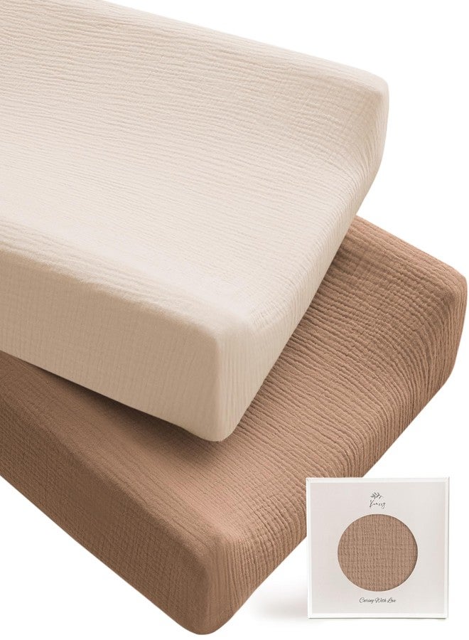 Konssy 2 Pack Muslin Changing Pad Covers for Boys, Ultra Soft & Breathable Cotton Baby Diaper Changing Table Covers, Neutral Nursery Diaper Changing Pad Sheets (Brown,Cream) - Image 1